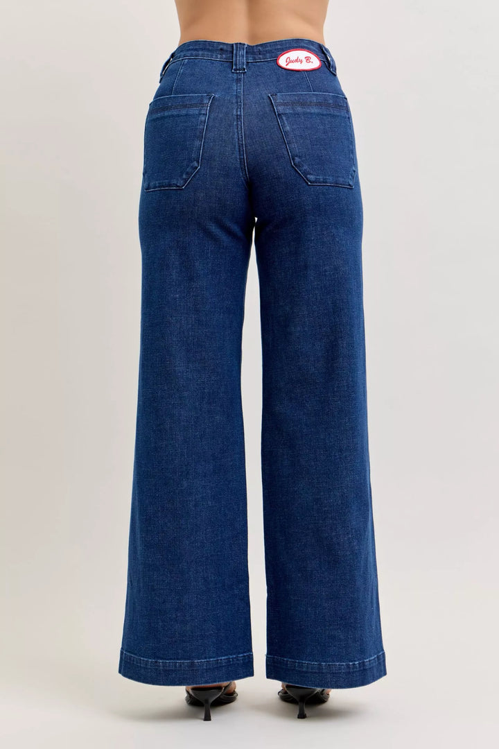 Denim - Judy Blue High-Waisted Retro Wide Jeans with Patch Pkts & Twisted Seams - - Cultured Cloths Apparel