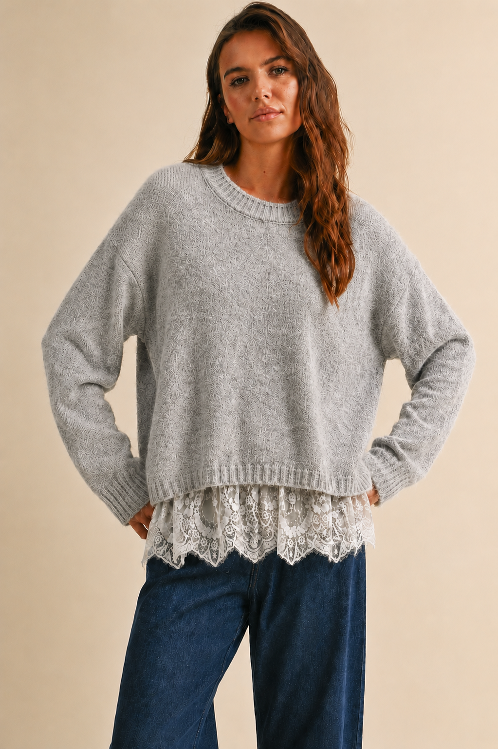 CREW NECK MESH EYELET LACE HEM PULLOVER SWEATER