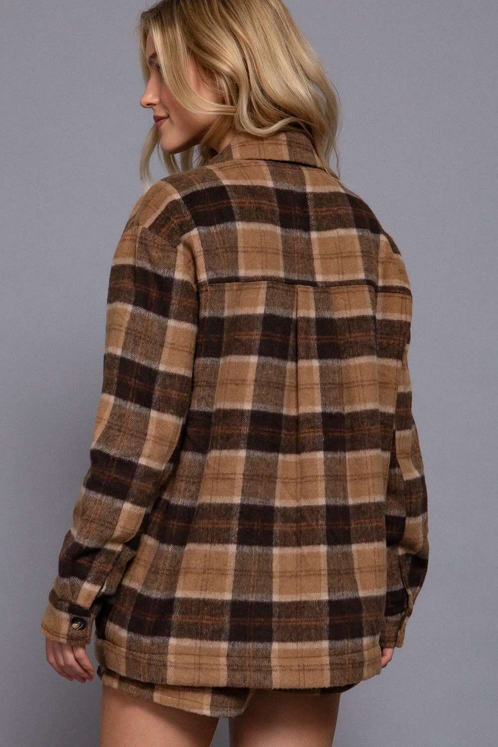 Outerwear - Long Sleeve Inside Faux Fur Brushed Plaid Jacket - - Cultured Cloths Apparel