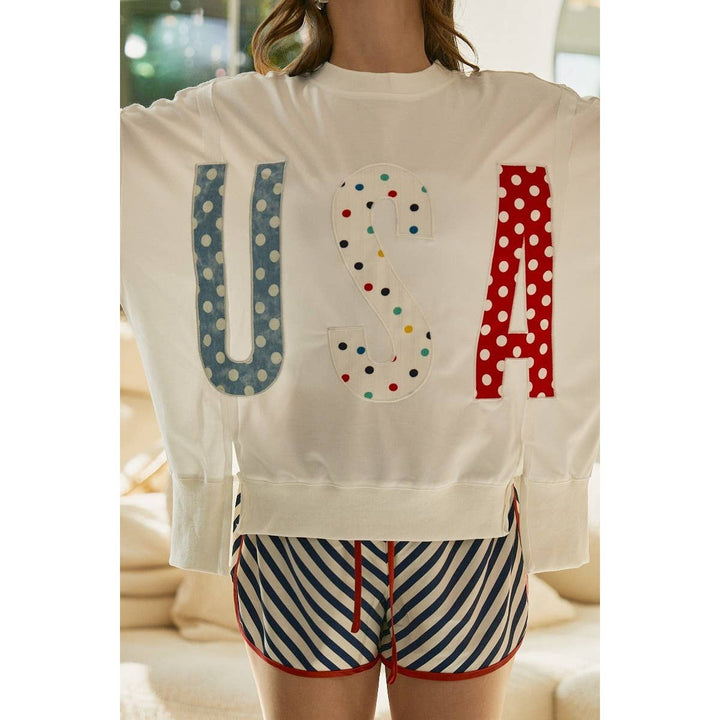 Women's Short Sleeve - 4th Of July Polka Dot Usa Lettered Patch Work Top - - Cultured Cloths Apparel