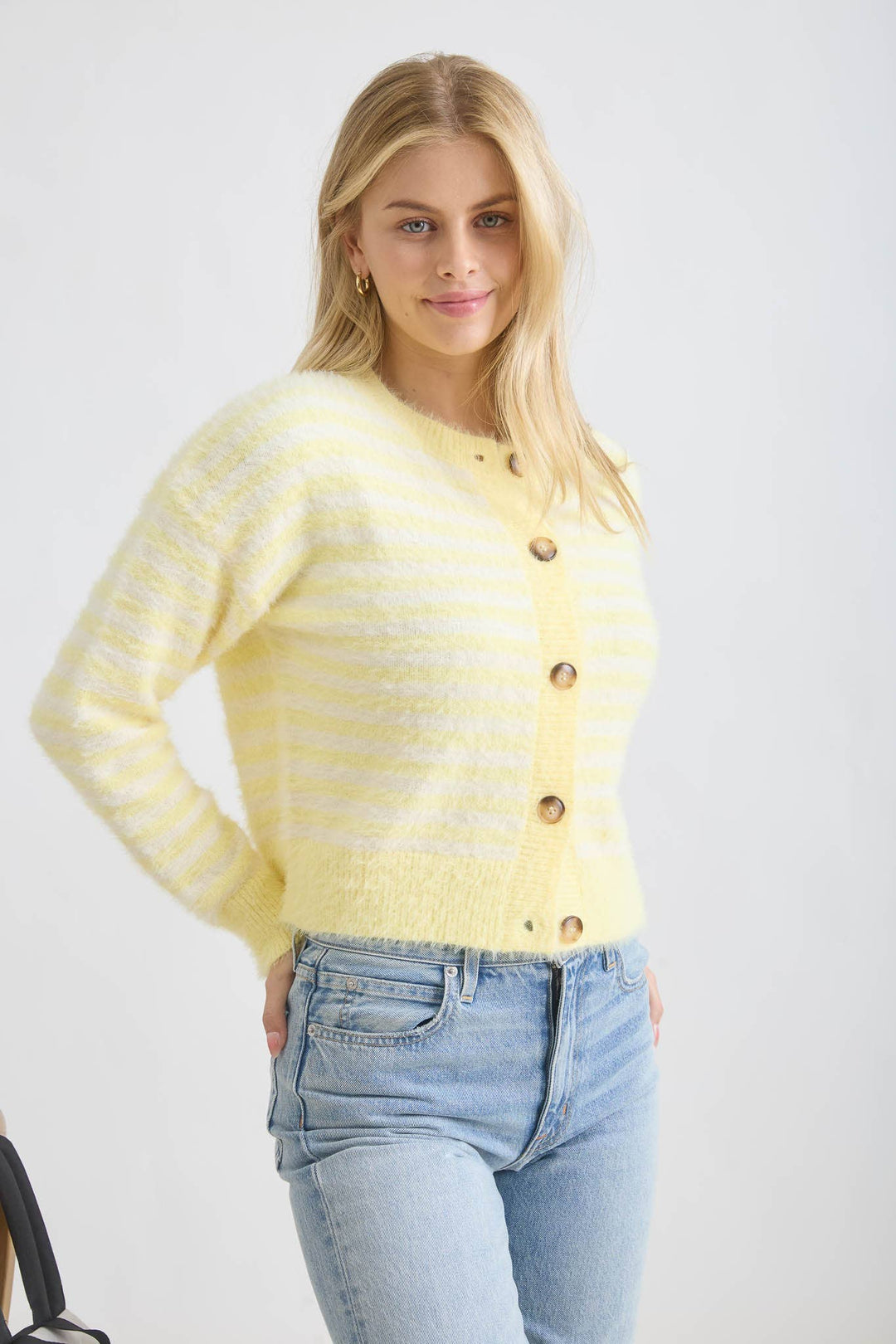 STRIPE ROUND NECK BUTTON DOWN FUZZY KNIT CARDIGAN