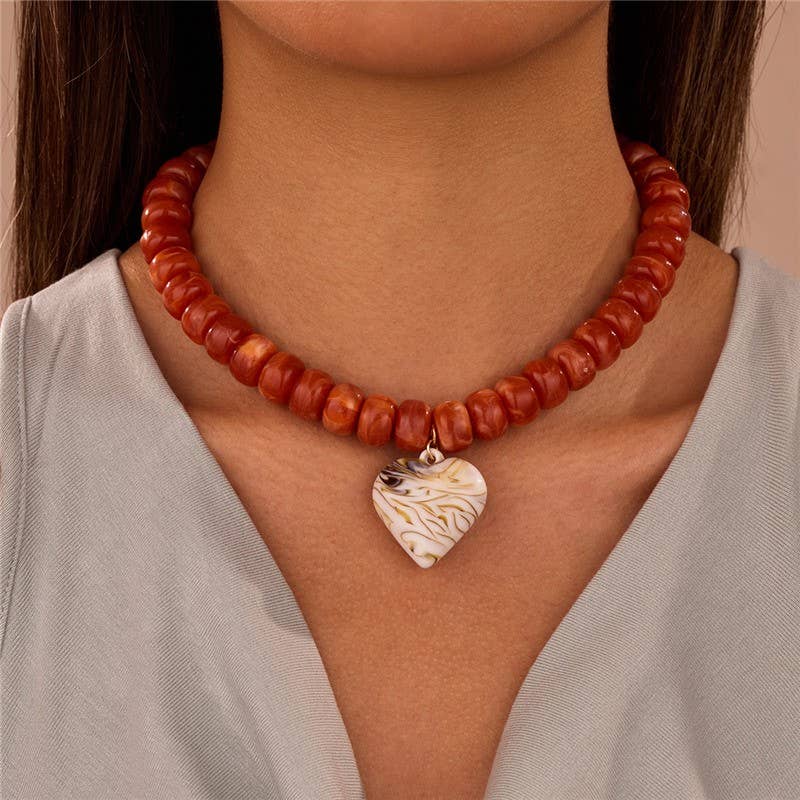 Accessories, Necklaces - Heart Pendant Resin Beaded Necklaces | 40NK9701 - - Cultured Cloths Apparel