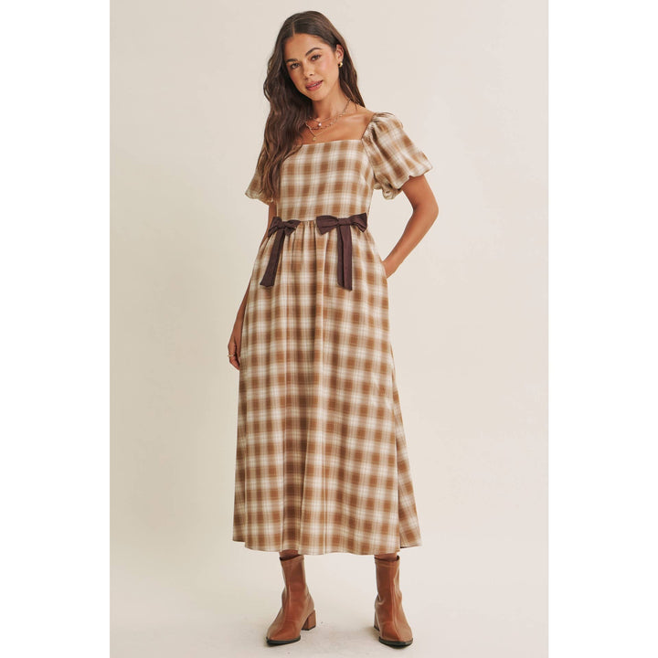 Women's Dresses - GOLDEN FIELD PLAID SMOCKED MIDI DRESS WITH CONTRAST BOW - - Cultured Cloths Apparel