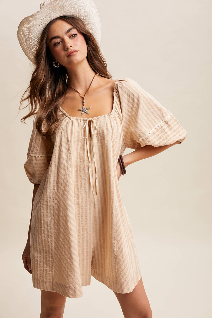 Romper - Striped Puff Sleeve Romper - - Cultured Cloths Apparel
