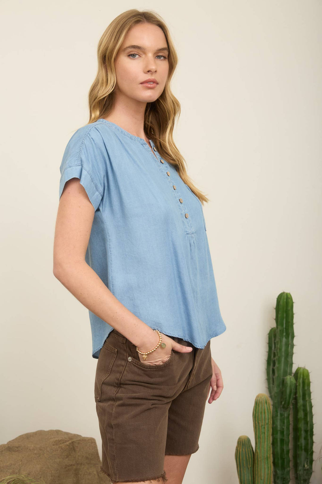 Women's Short Sleeve - CHAMBRAY HENLEY RUCHED SHOULDER SHORT SLEEVE TOP - - Cultured Cloths Apparel