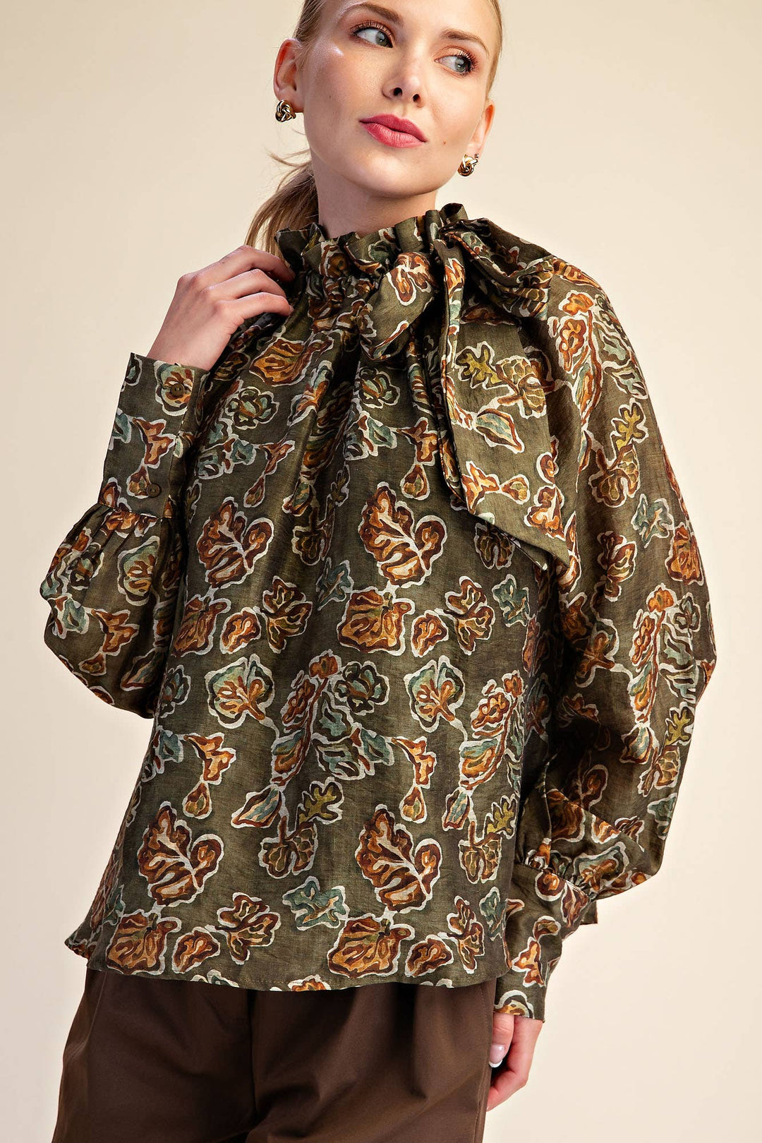 Ruffle Tie Neck Long Sleeve Print Blouse