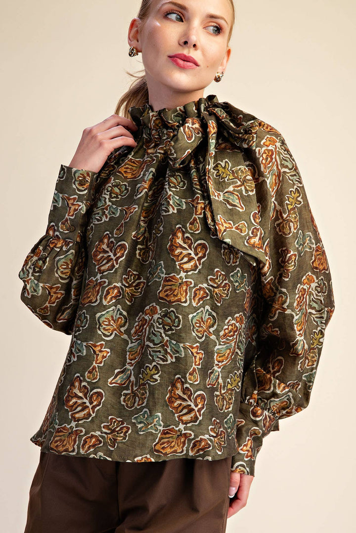 Ruffle Tie Neck Long Sleeve Print Blouse