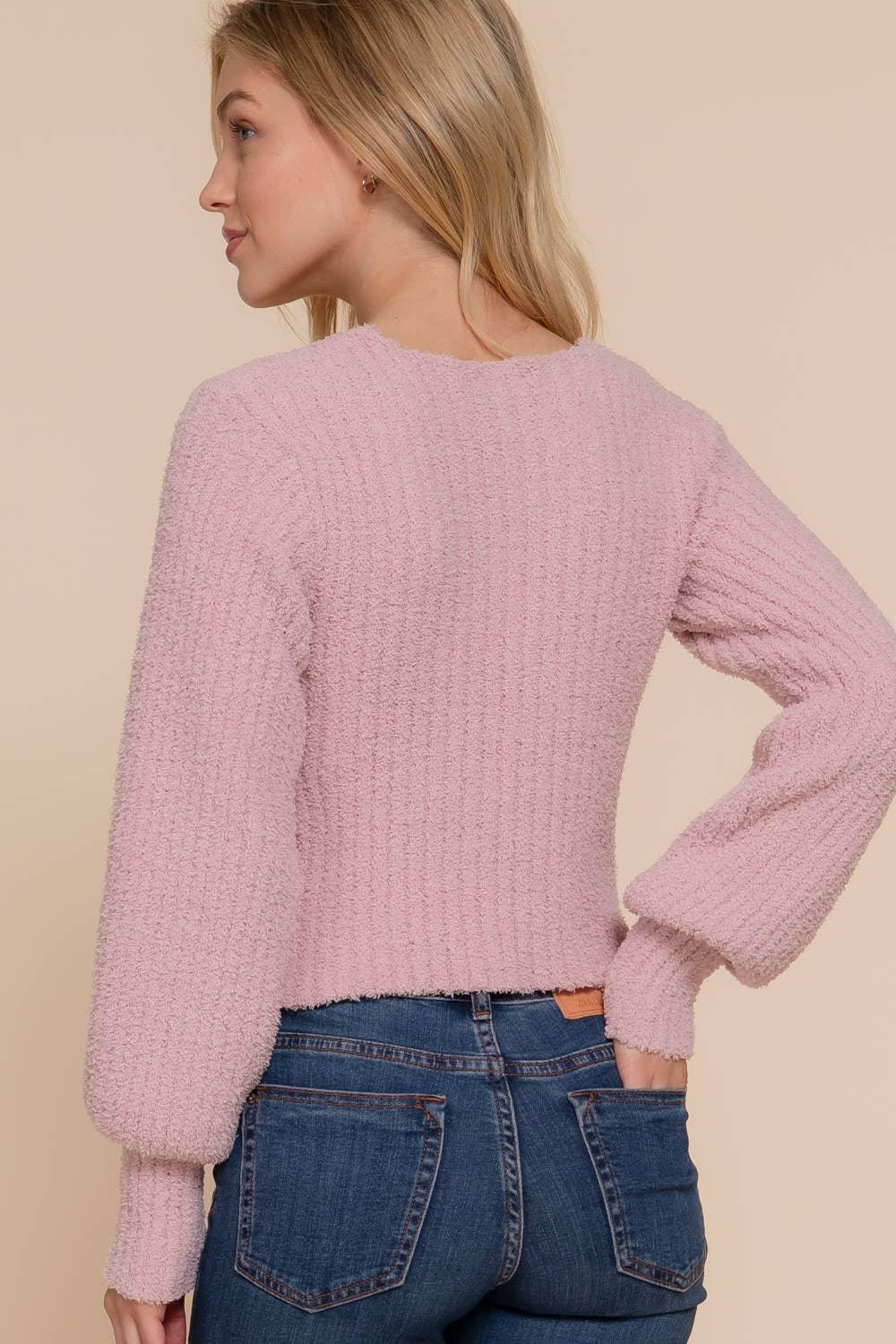 Women's Sweaters - Long Puff Sleeve V-neck Rib Sweater Top - - Cultured Cloths Apparel