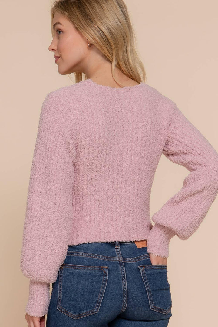 Women's Sweaters - Long Puff Sleeve V-neck Rib Sweater Top - - Cultured Cloths Apparel