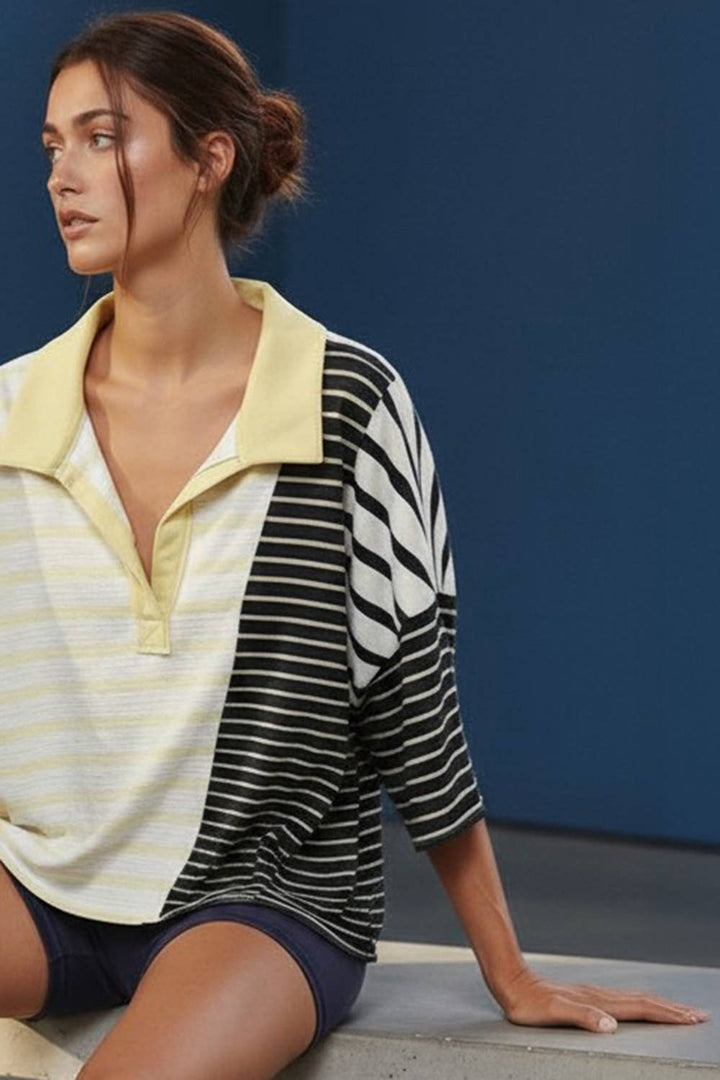 Women's Short Sleeve - Stripe-block Collar Short-sleeve Top - Yellow/Navy - Cultured Cloths Apparel