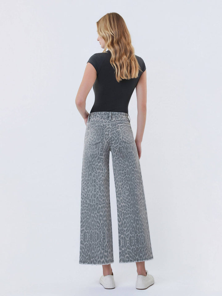 Denim - HIGH RISE GREY LEOPARD PRINT CROP WIDE LEG JEANS T7331GLP - - Cultured Cloths Apparel