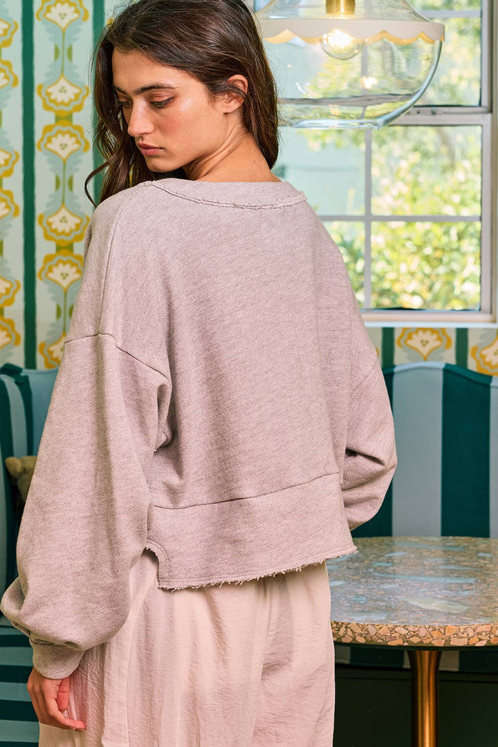 T2527 Lantern Sleeve V-neck Terry Top