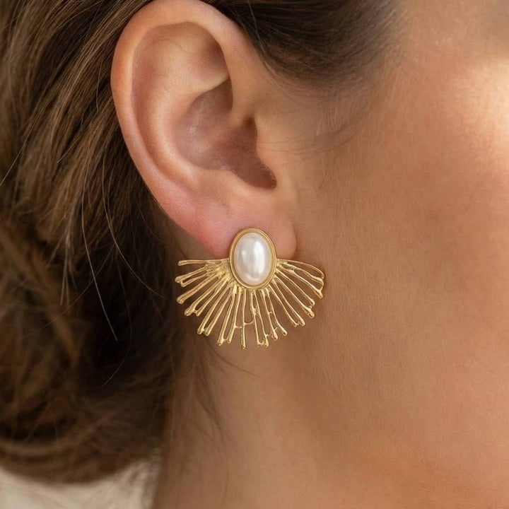 Accessories, Earrings - Gold Dipped Pearl Center Fan Ray Stud Earrings - G - Cultured Cloths Apparel