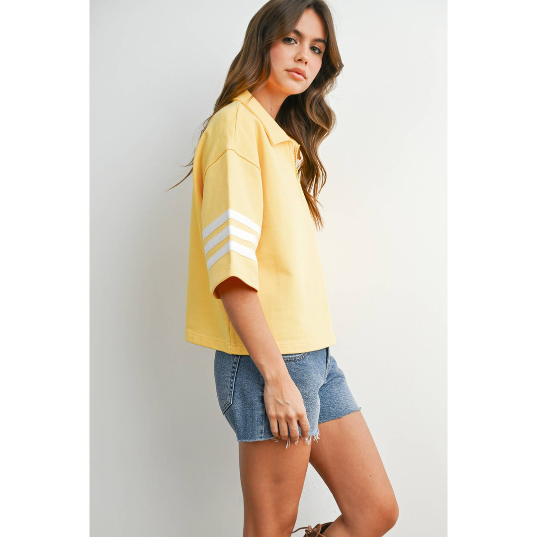Women's Short Sleeve - Striped Sleeve Quarter-Zip Pullover - - Cultured Cloths Apparel