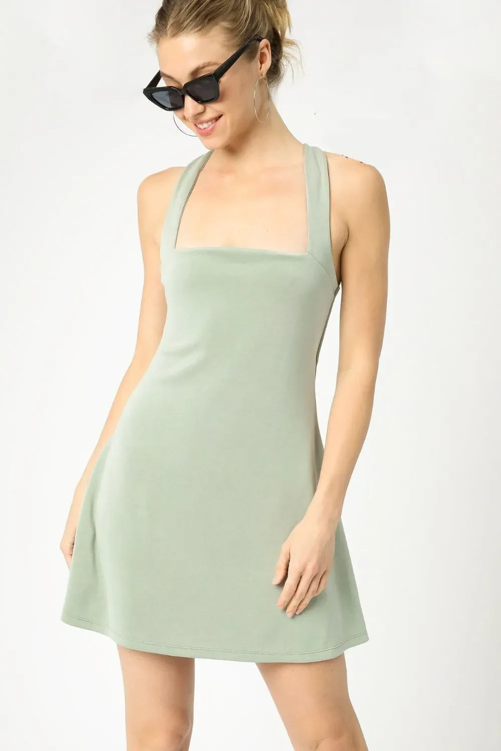 Women's Dresses - Umgee Crisscross Square Neck Active Dress - Sage - Cultured Cloths Apparel