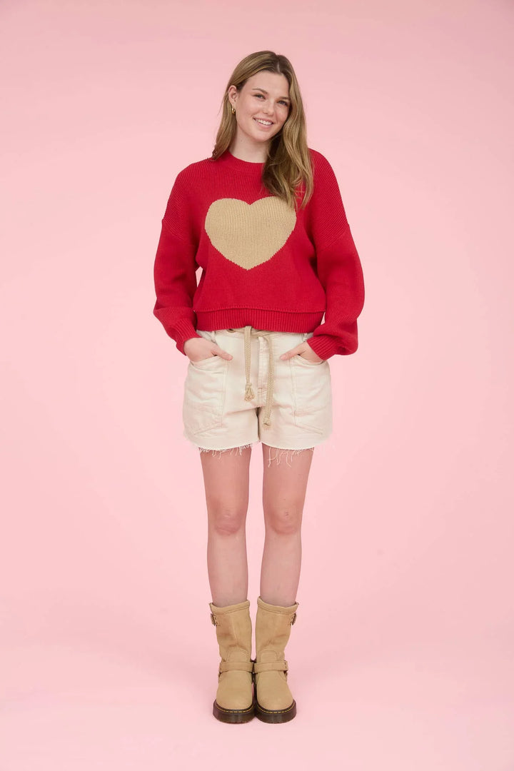 HEART JACQUARD CREW NECK KNIT PULLOVER SWEATER