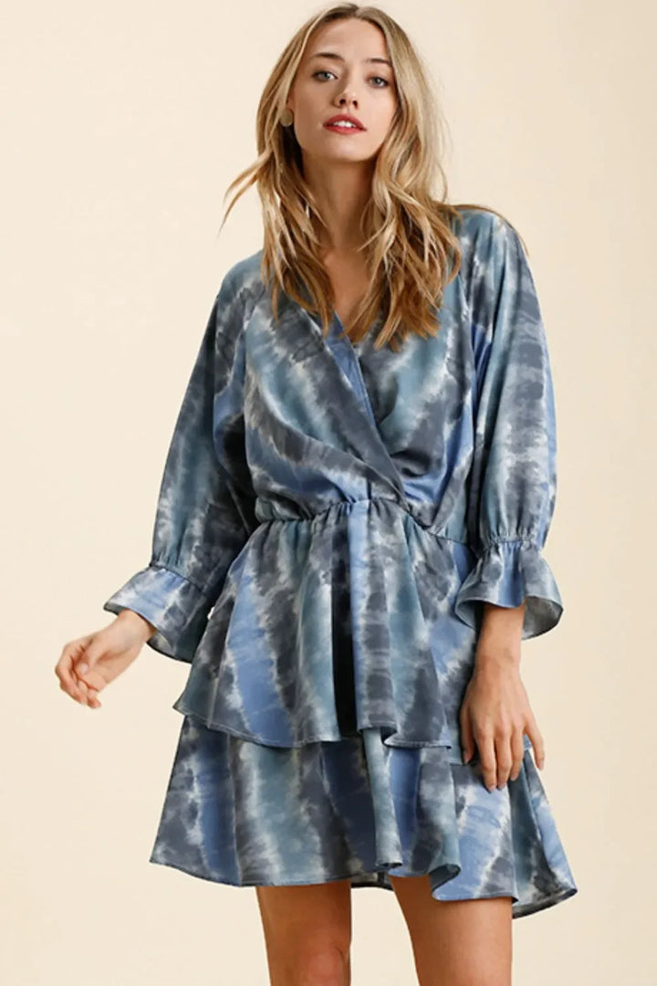 Women's Dresses - Umgee Tie Dye Ruffled Layered Dress with Elastic Waistband - BLUE / GREY - Cultured Cloths Apparel