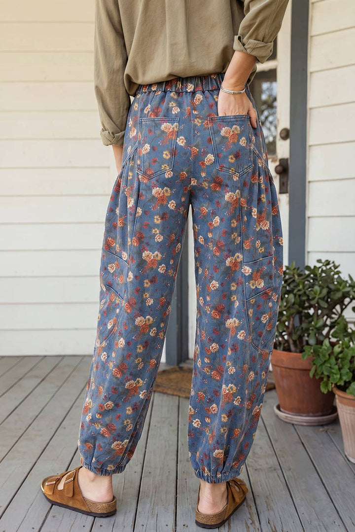 Retro Floral Elastic Waist Pocketed Barrel Jeans (4-16)