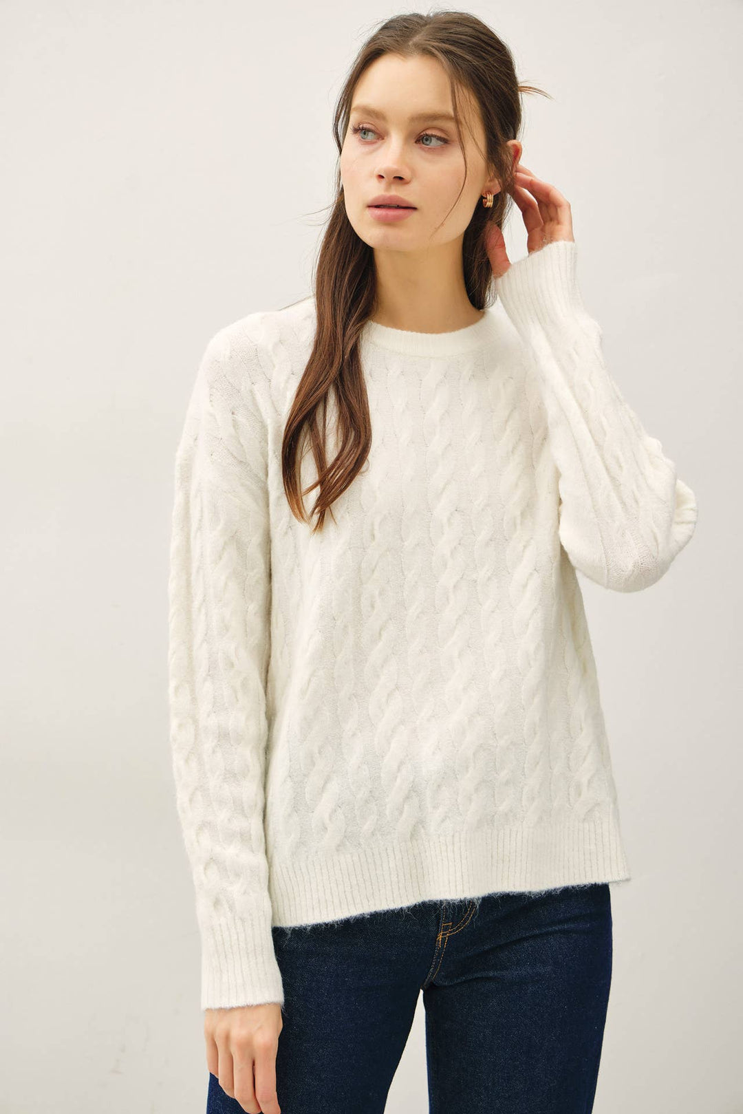 Women's Sweaters - ULTRA SOFT CABLE KNIT CREWNECK SWEATER TOP - CREAM - Cultured Cloths Apparel