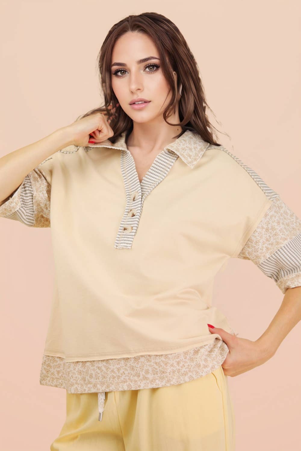 Women's Short Sleeve - Oversized Half Button Down Collared Knit Top - - Cultured Cloths Apparel