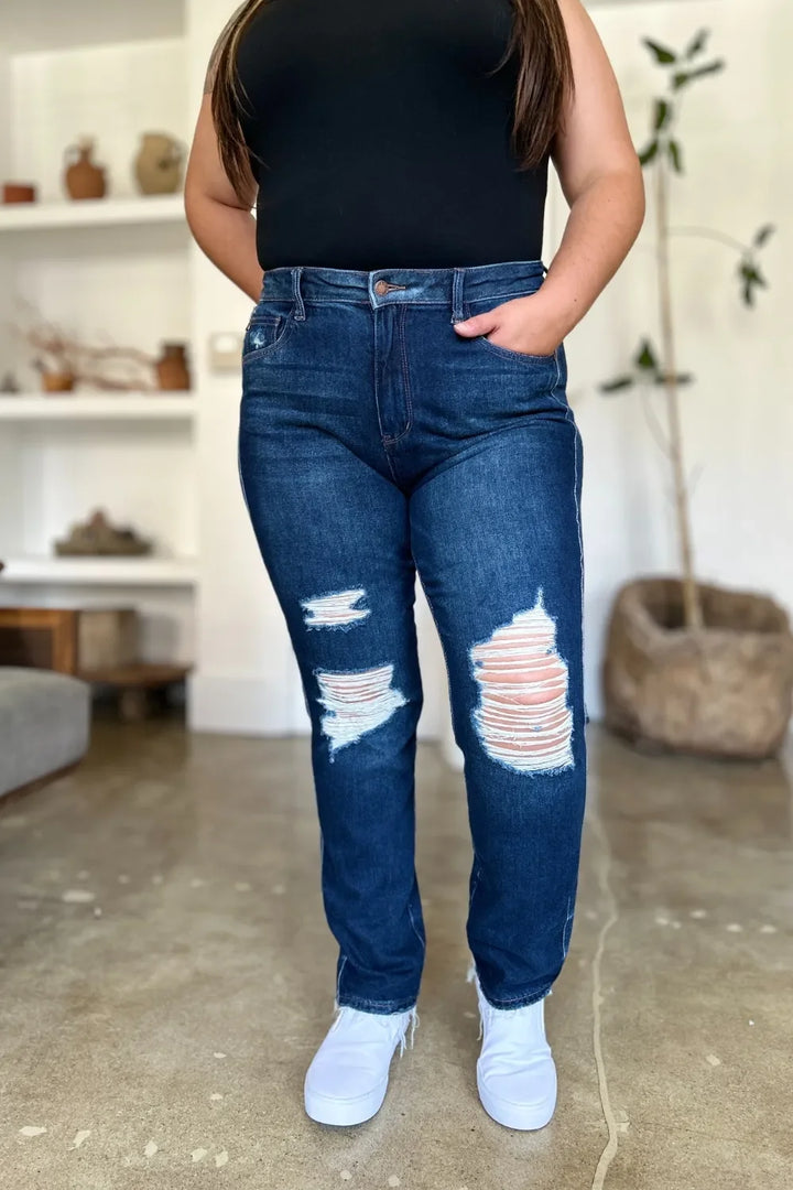 Denim - Judy Blue Full Size High Waist Rigid Magic Heavy Destroy Straight Jeans - - Cultured Cloths Apparel