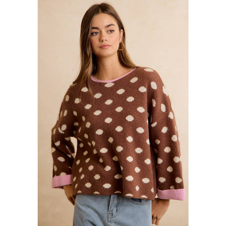 CONTRAST NECK AND ROLL UP DETAIL POLKA DOT SWEATER