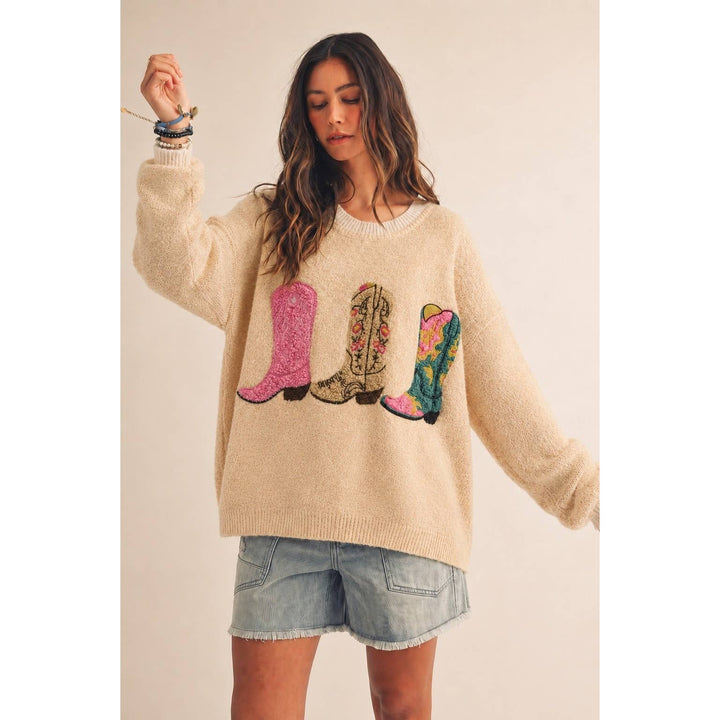 Women's Sweaters - Wildflower Rodeo Boots Patchwork Knit Sweater - - Cultured Cloths Apparel