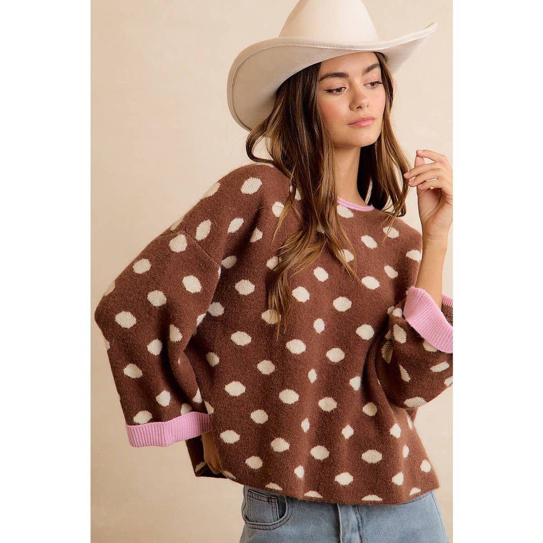 CONTRAST NECK AND ROLL UP DETAIL POLKA DOT SWEATER