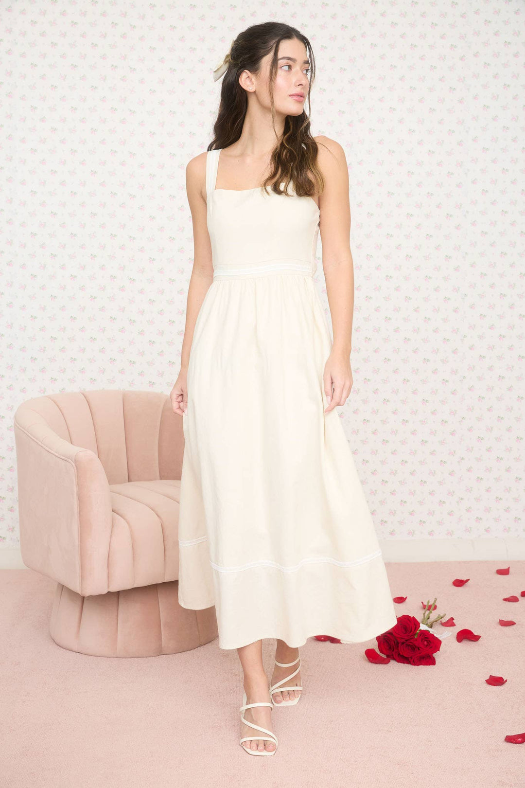 LINE LACE TRIM SLEEVELESS MIDI DRESS