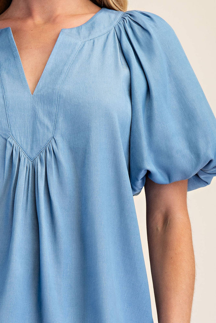 - V-Neck Placket Balloon Sleeve Top - - Cultured Cloths Apparel