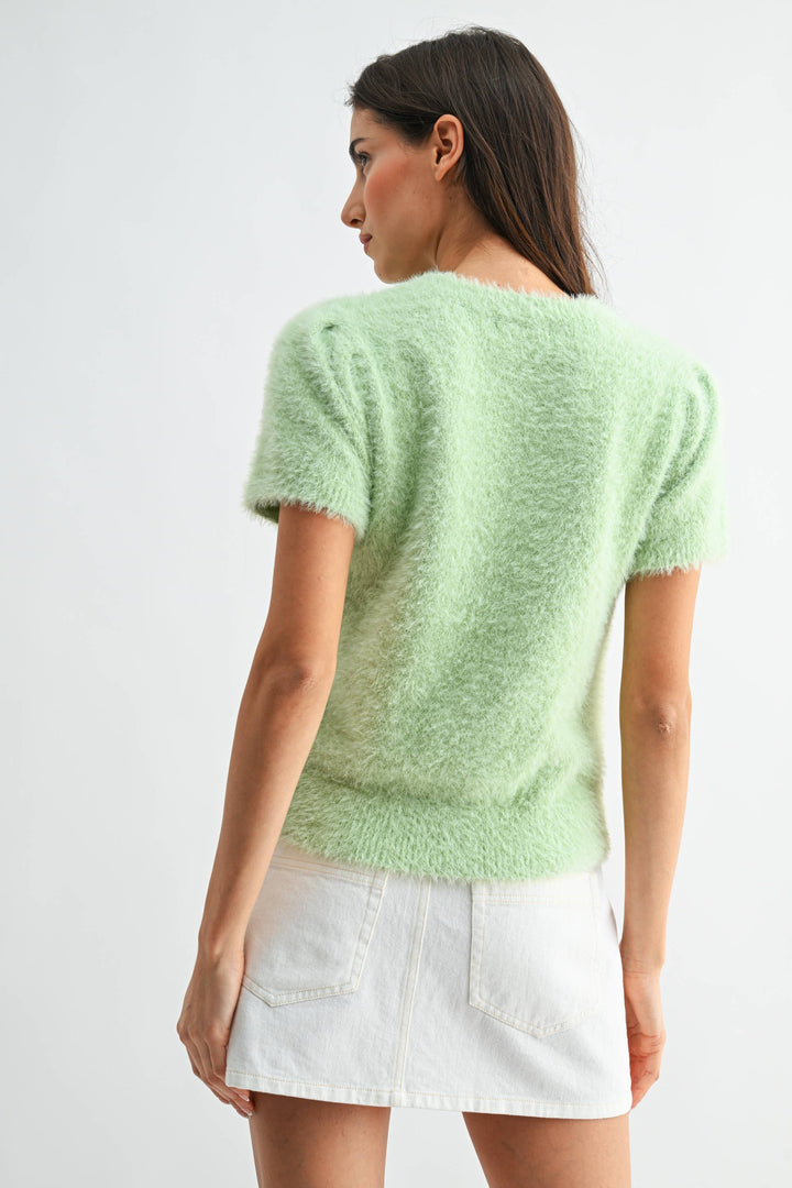 Women's Short Sleeve - Soft Pink Fuzzy Knit Short Sleeve Sweater Top - - Cultured Cloths Apparel