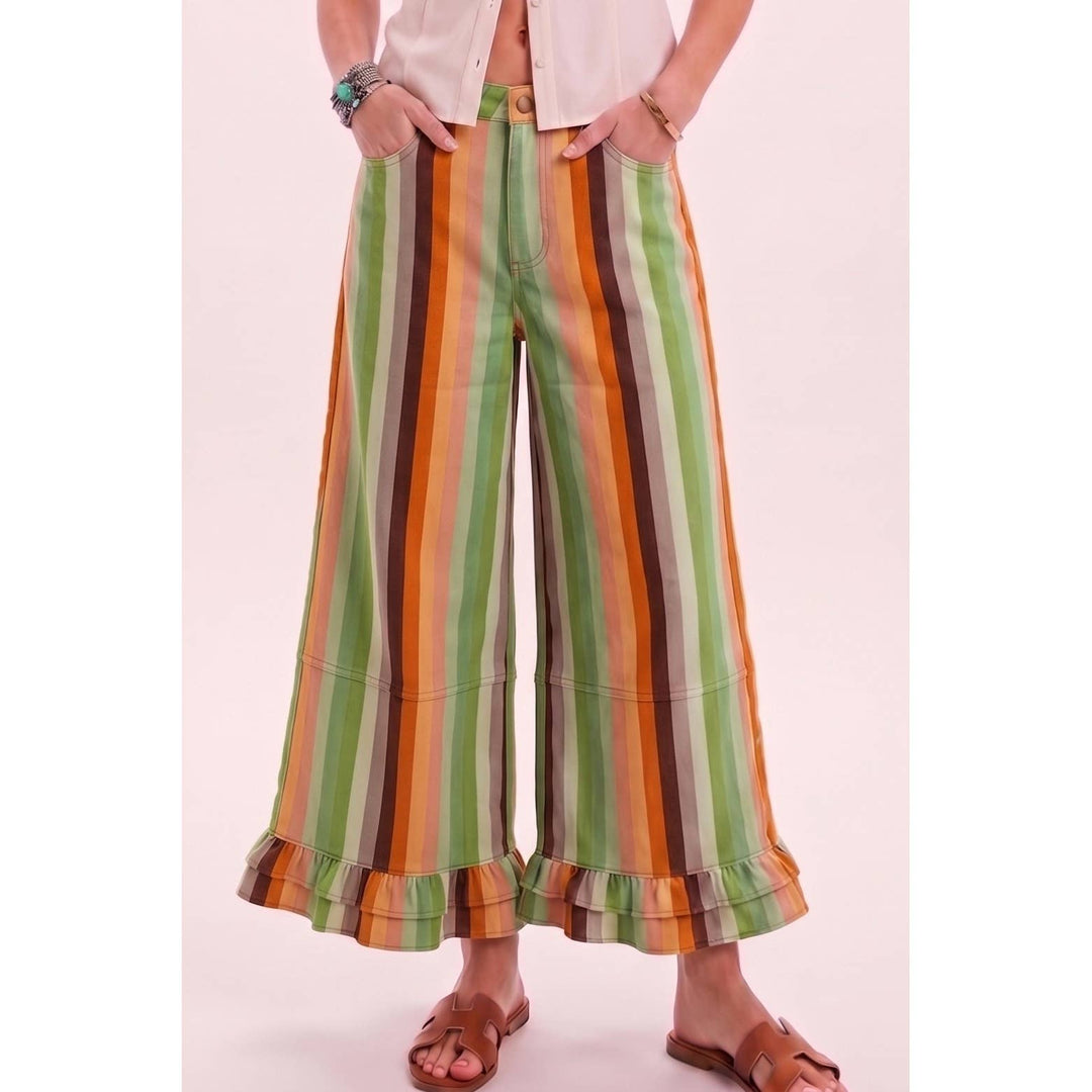Pants - Ruffle Multicolor Stripe Washed Rupple Wide Leg Denim - - Cultured Cloths Apparel