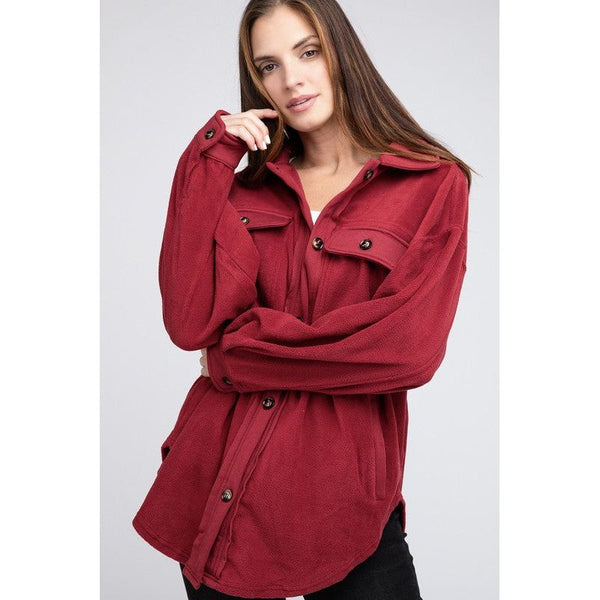 Outerwear - Fleece Buttoned Down Oversized Jacket - BURGUNDY - Cultured Cloths Apparel