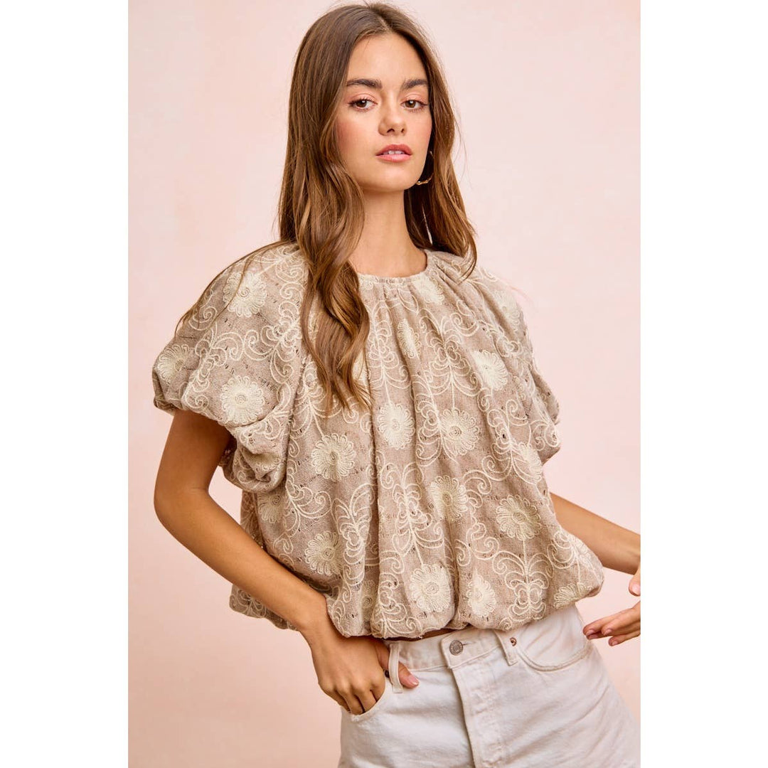 Women's Short Sleeve - FLOWER EMBROIDERED SHIRRED NECKLINE BUBBLE HEM TOP - - Cultured Cloths Apparel