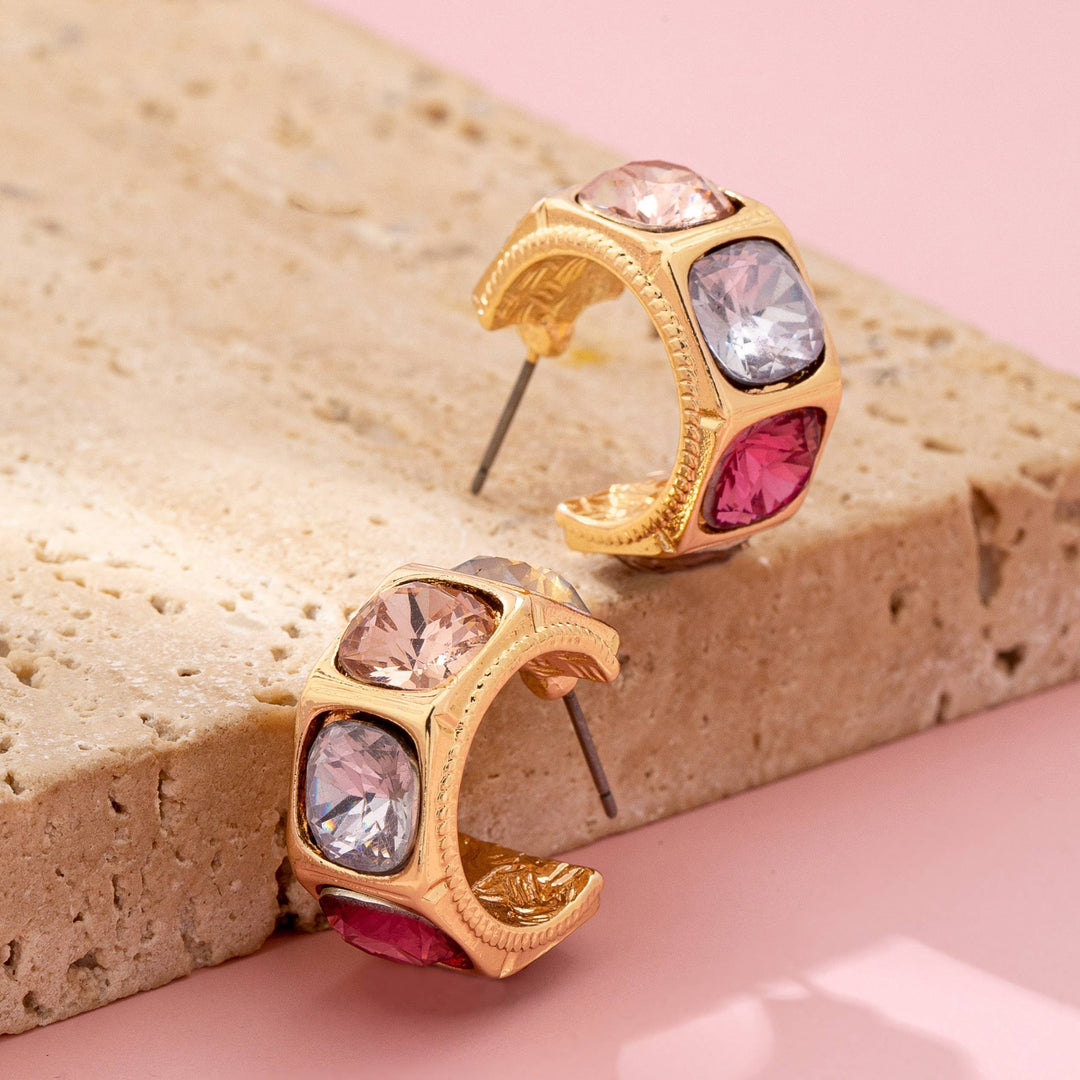 Accessories, Earrings - Gold-Tone Multi Color Gem Crystal Hoop Earrings - Gold - Cultured Cloths Apparel