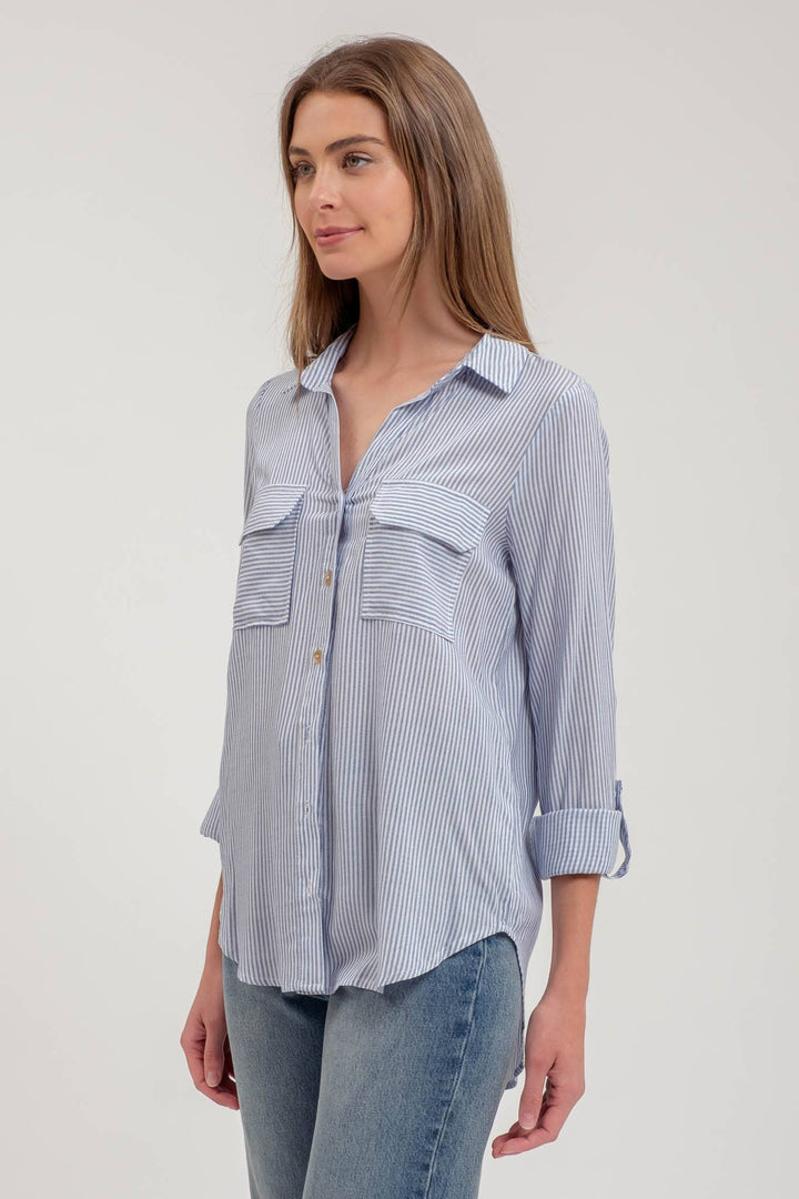 STRIPED COLLARED BUTTON DOWN WITH POCKETS