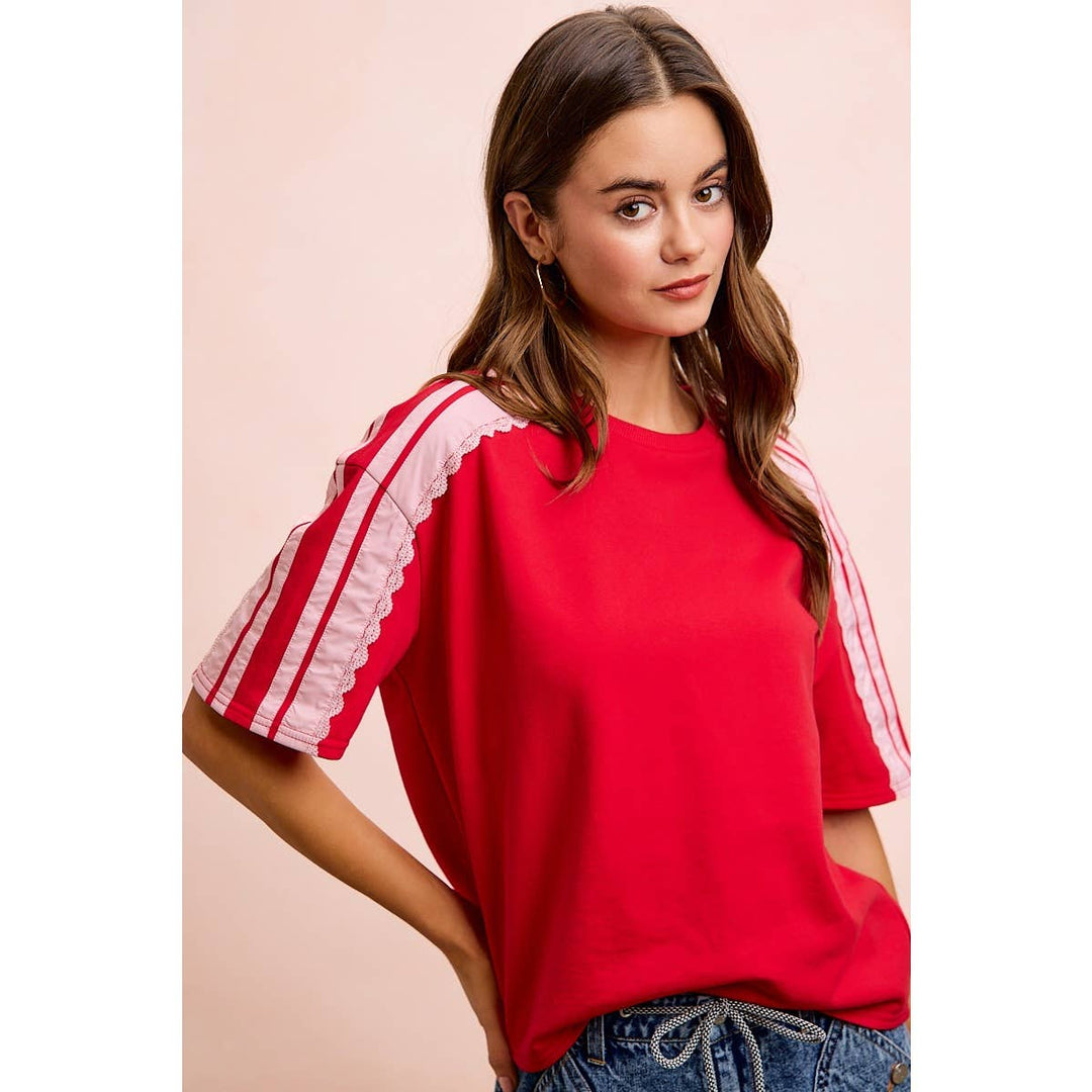 FRENCH TERRY SIDE LACE DETAIL SHORT SLEEVES TOP