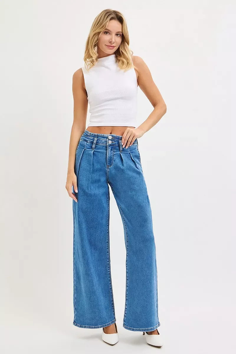 Denim - RISEN Full Size Mid Rise Fit Wide Leg with Pleated Detail Jeans - - Cultured Cloths Apparel
