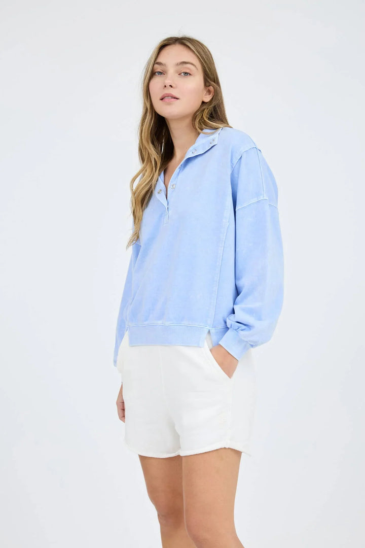 Women's Long Sleeve - WASHED HALF SNAP BUTTON LONG SLEEVE KNIT TOP - - Cultured Cloths Apparel