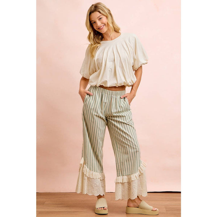 Pants - STRIPE WOVEN RUFFLED LACE HEM PANTS WITH SIDE POCKET - - Cultured Cloths Apparel