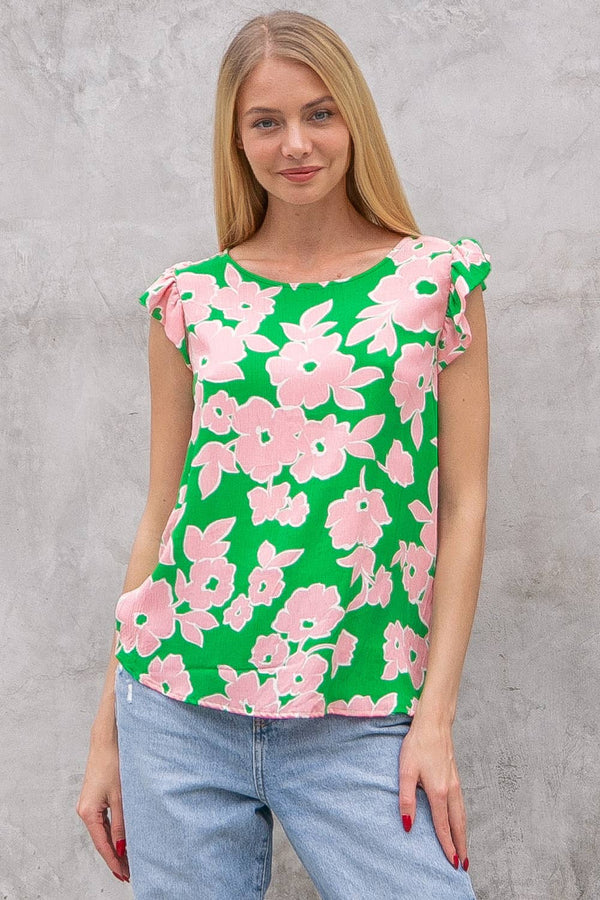 Women's Short Sleeve - Floral Printed Top with Ruffled Short Sleeve Detail - Green - Cultured Cloths Apparel