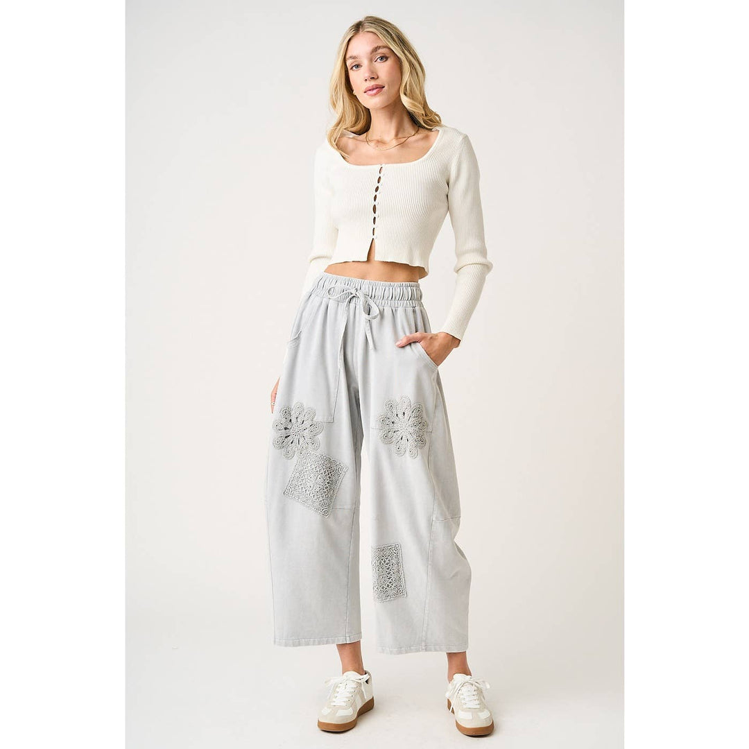MINERAL WASH CROCHET PATCH BARREL LEG PANTS