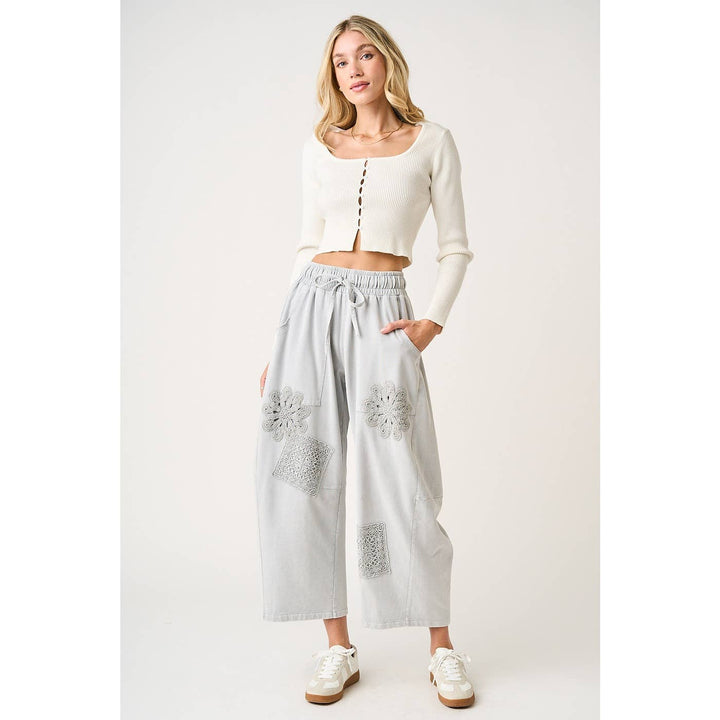 MINERAL WASH CROCHET PATCH BARREL LEG PANTS