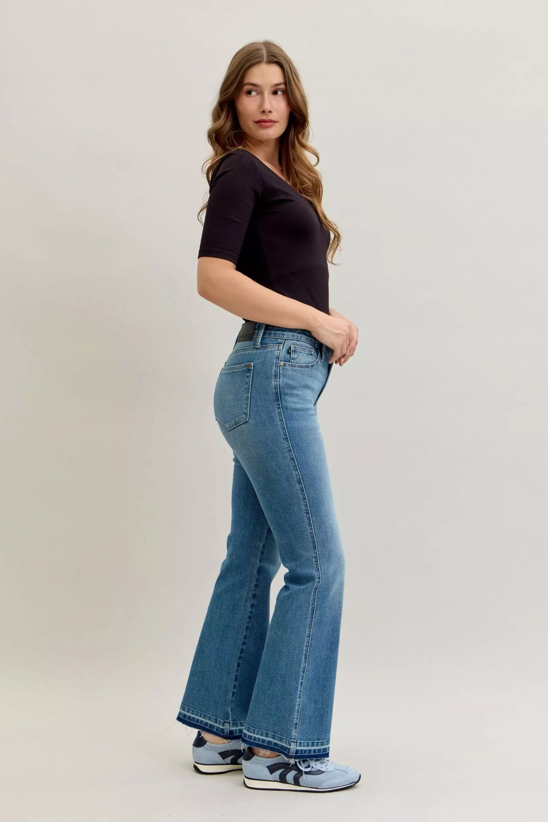 Denim - Judy Blue Full Size Mid Rise Slim Bootcut Tummy Control Release Hem Jeans Plus Size - - Cultured Cloths Apparel
