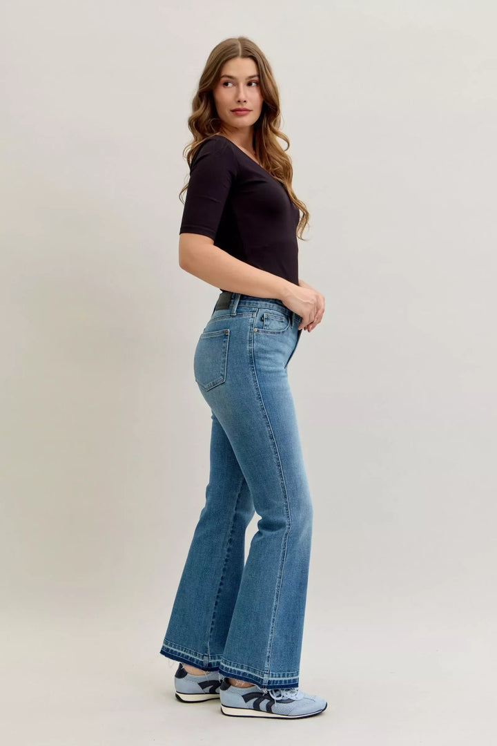 Denim - Judy Blue Full Size Mid Rise Slim Bootcut Tummy Control Release Hem Jeans Plus Size - - Cultured Cloths Apparel
