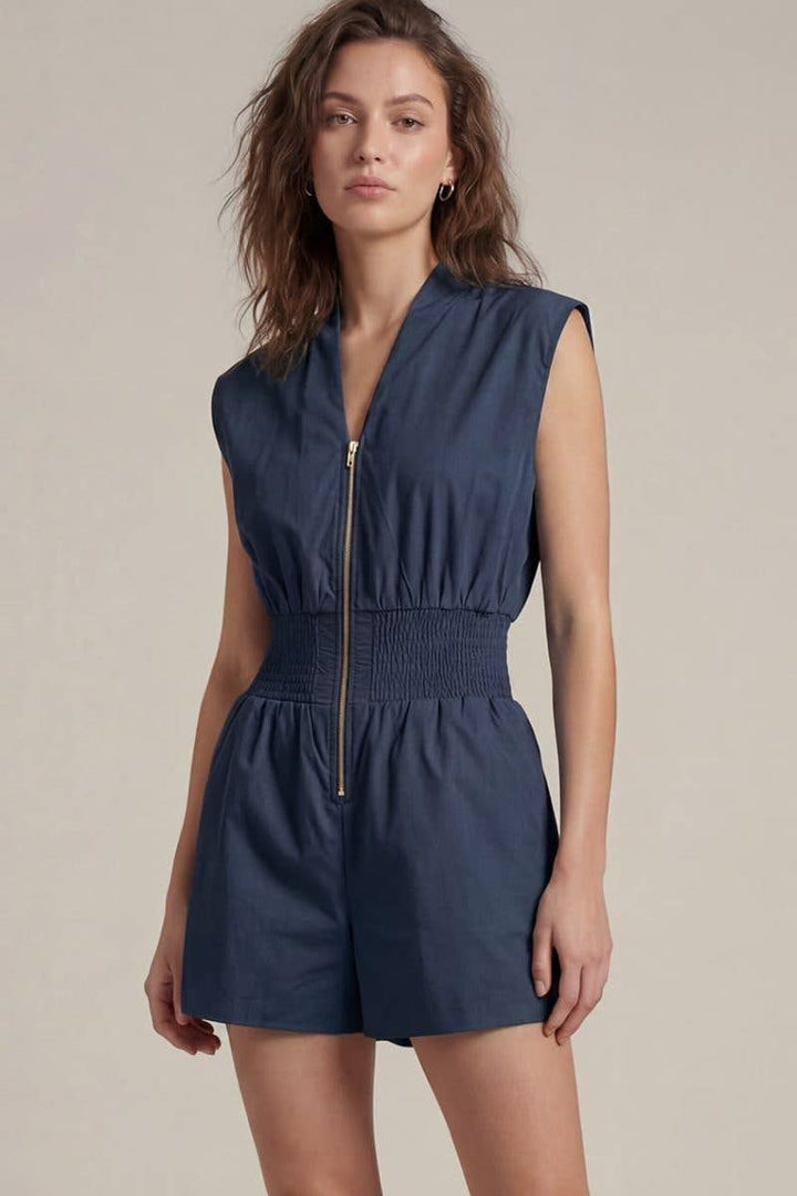 Romper - Cap Sleeve Woven Smocked Waist Front Zip Romper - - Cultured Cloths Apparel