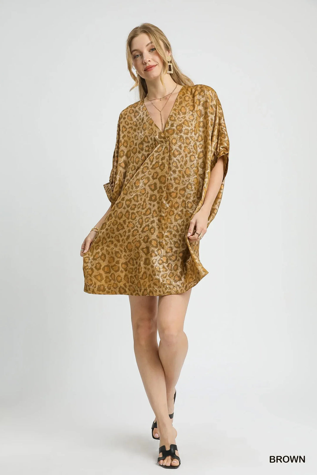 Women's Dresses - Umgee Metallic Leopard Print V-Neck Kimono Dress - - Cultured Cloths Apparel