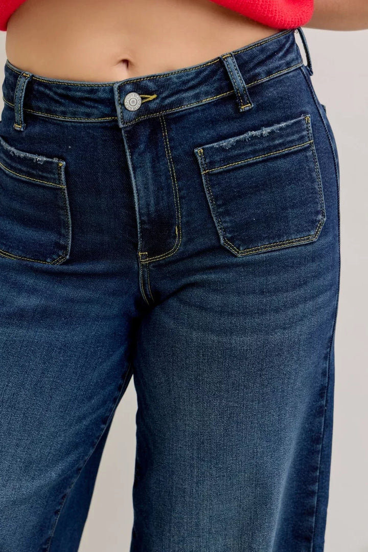 Denim - Judy Blue High Waist Palazzo Jeans with Front Patch Pockets - - Cultured Cloths Apparel