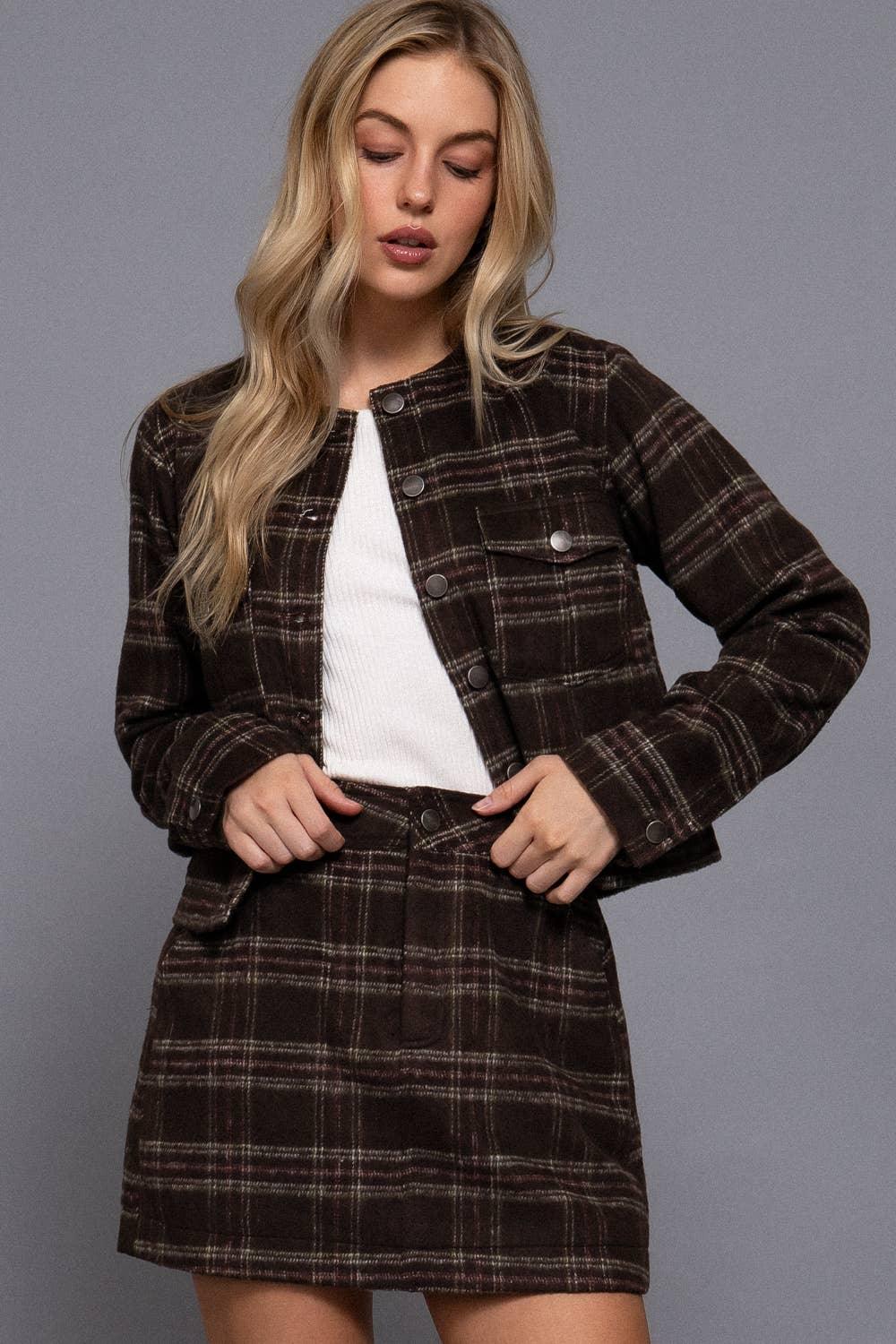 Outerwear - Long Sleeve Round Neck Brushed Plaid Jacket - - Cultured Cloths Apparel