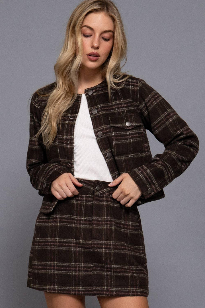 Outerwear - Long Sleeve Round Neck Brushed Plaid Jacket - - Cultured Cloths Apparel